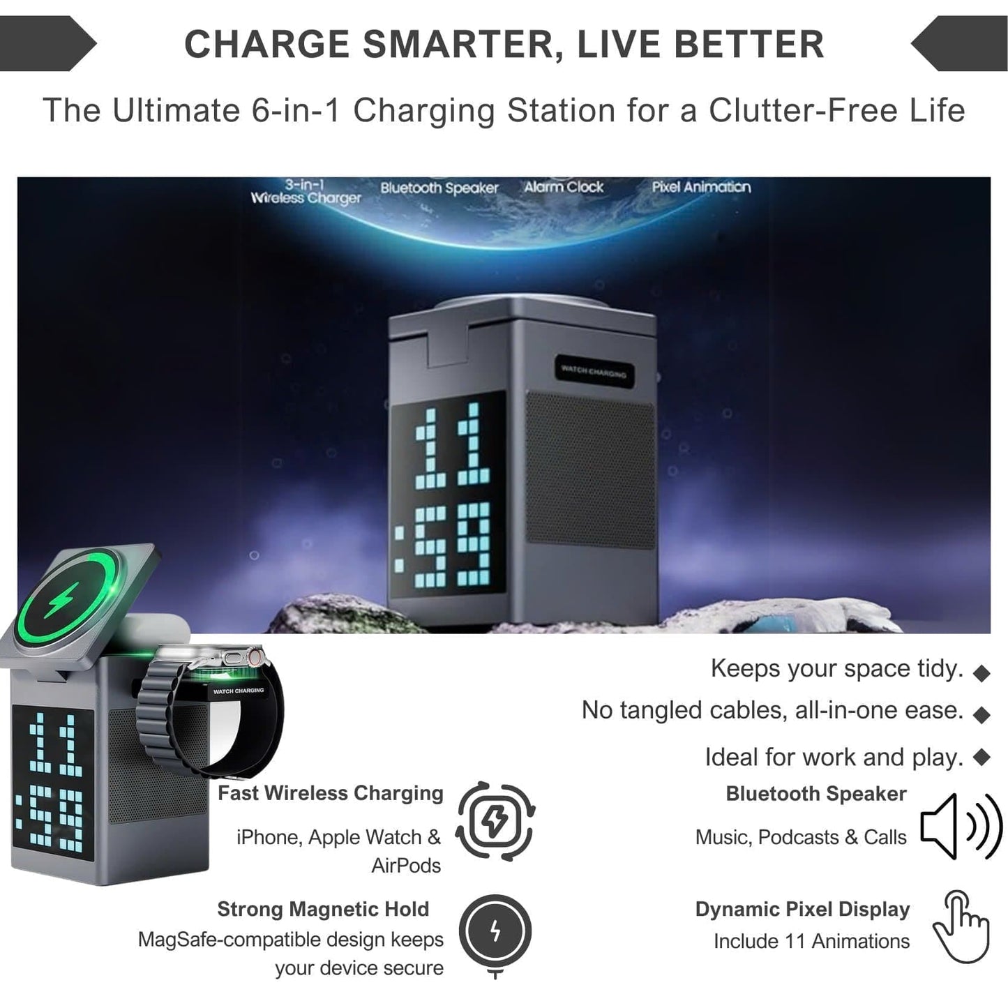 Alpohub™ 6-in-1 Magnetic Wireless Charger with Bluetooth Speaker & Alarm Clock